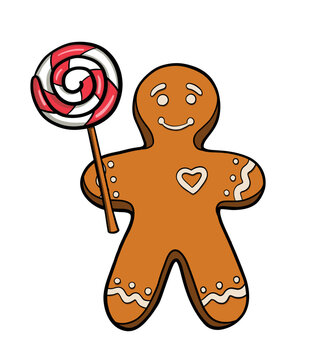 recommend clip art: Traditional Christmas gingerbread man and red and white lollipop candy. Hand drawn vector illustration on white background. Sweet sucker candy on stick.
