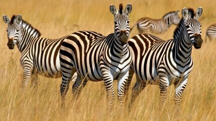 Naklejka premium A group of zebras standing together in a grassy field.