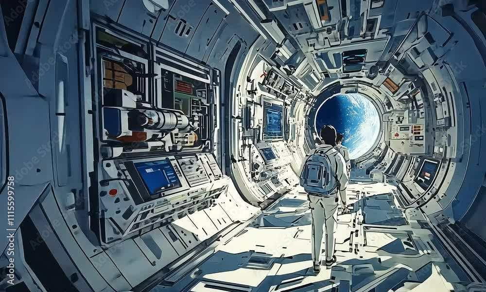 Wall mural futuristic space station corridor with astronauts exploring the universe and an open portal to outer