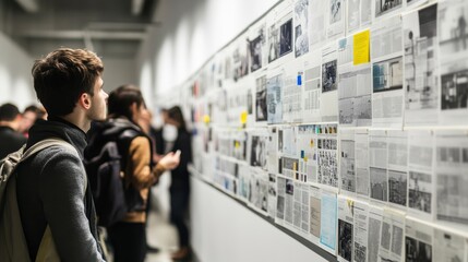 Fototapeta premium Engaged Visitor Observes Art Exhibit Featuring Diverse Display of Photographs and Text on Gallery Wall in Contemporary Urban Setting