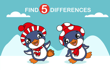 Children mini-game, find the differences. Cute penguin in a red hat on the ice.