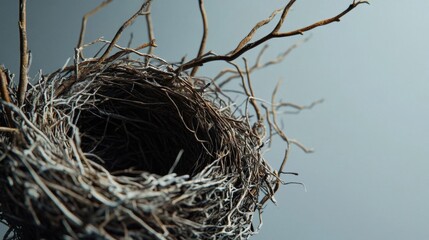A close-up of a rustic bird's nest made of twigs and branches.