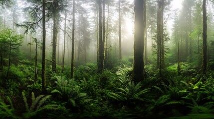 Fototapeta premium A misty forest scene with tall trees and lush ferns, creating a serene atmosphere.