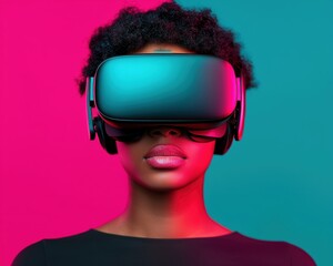 A person wearing a VR headset against a vibrant pink and teal background, embodying the future of technology and immersive experiences.