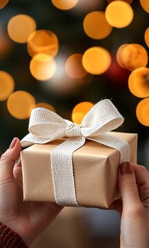 christmas tree in background with string lights. A girl holding a present with a big beautiful white bow wrapped around it,