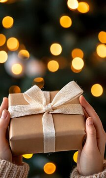 christmas tree in background with string lights. A girl holding a present with a big beautiful white bow wrapped around it,
