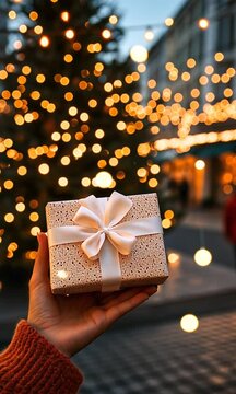 christmas tree in background with string lights. A girl holding a present with a big beautiful white bow wrapped around it,