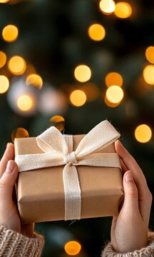 christmas tree in background with string lights. A girl holding a present with a big beautiful white bow wrapped around it,
