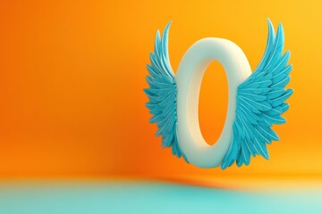 A blue and white winged number 0 is floating in the air