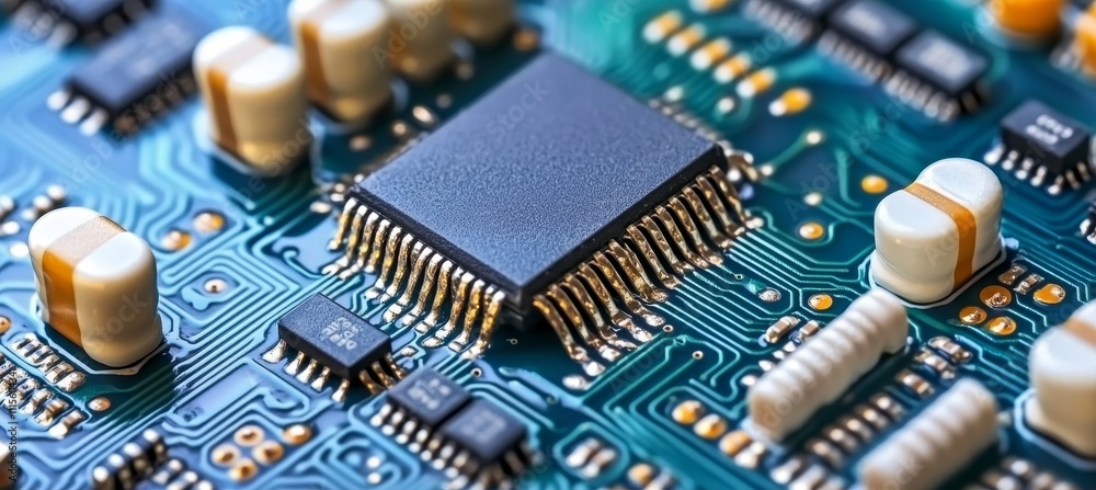 Poster high tech circuit board closeup exploring the world of microelectronics and computing power