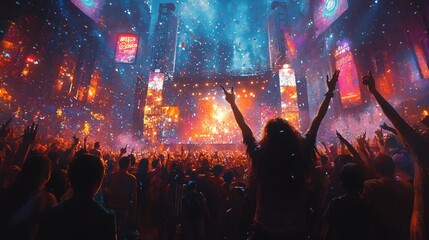 Fototapeta premium A vibrant music festival and concert with an enthusiastic crowd cheering, shouting, and expressing their excitement and joy. The atmosphere is filled with energy, as fans celebrate live performances a