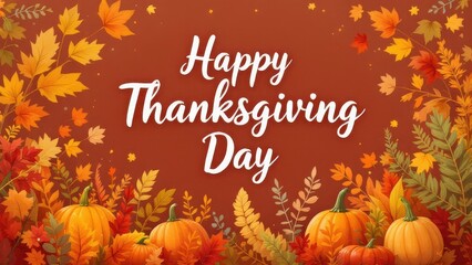 Fototapeta premium A festive Happy Thanksgiving Day background in a hand-painted watercolor style, featuring vibrant autumn leaves, pumpkins and cheerful illustrations