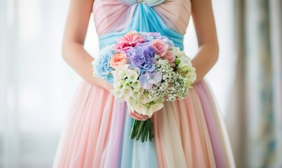 A person holding a colorful bouquet in a pastel dress.
