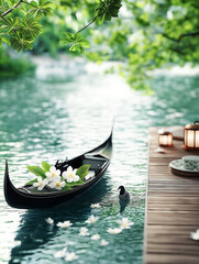 Obraz premium Traveling product poster, gondola floating in a Venetian canal, pastel mint green and soft blue background mimicking water, miniature lanterns hanging from the gondola, tiny flowers floating on water