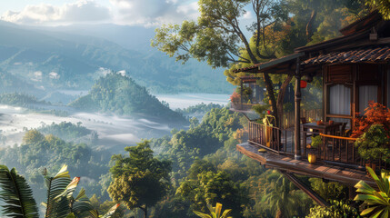Obraz premium Rustic Mountaintop Cafe Surrounded by Lush Asian Forest
