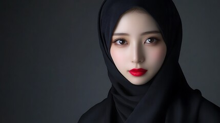 Close-up portrait of a young woman wearing a black hijab, gazing directly at the camera with red lipstick.