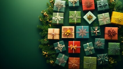 Fototapeta premium Beautifully wrapped Christmas gifts with festive green bows and ornaments in flat lay