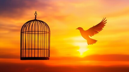 Fototapeta premium Embracing Freedom - Silhouette of Bird Soaring Away from Cage, Concept of Liberation and New Beginnings