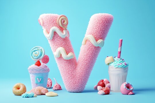 A pink letter V made out of frosting and other sweets