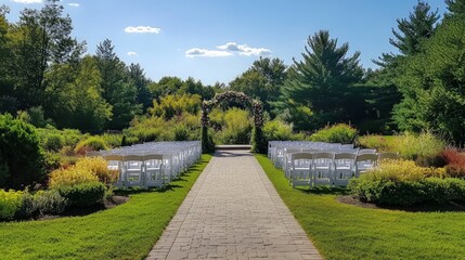 Fototapeta premium Elegant garden wedding setup, beautifully decorated arch, chairs lined along an aisle, capturing joy and romance of nuptials in a serene outdoor setting.