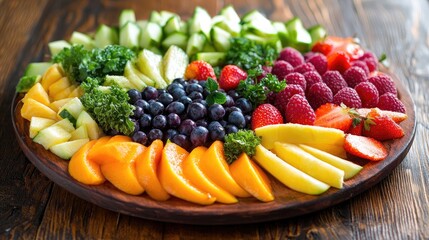 Foto de arriba de un plato del buen comer rebosando de frutas y verduras