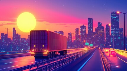Fototapeta premium Semi-truck driving on highway at sunset with city skyline.