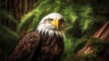 Fototapeta premium A majestic eagle gazes intently, surrounded by lush greenery.