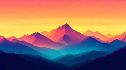 Fototapeta premium Vibrant Mountain Sunset, a breathtaking view showcasing colorful peaks against a clear sky, perfect for outdoor adventures and inspiring exploration in nature.
