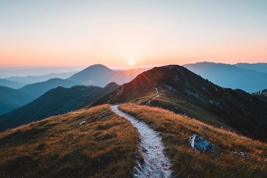 Serene mountain landscape bathed in soft sunset light, sky occupies three-fourths of the view, smooth gradient from orange to indigo, clear sky 4