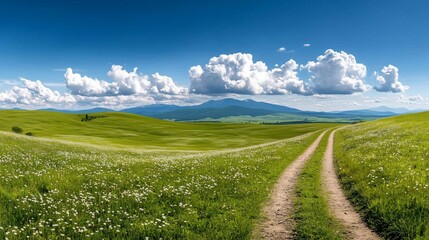 Fototapeta premium Meadow and Dirt Path with Mountains in Distance