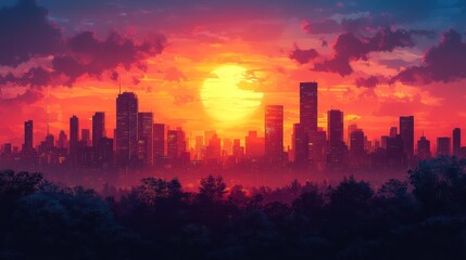 Vibrant sunset over a city skyline.