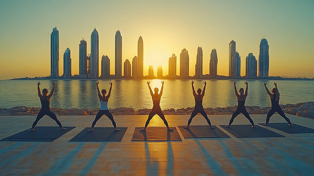 Silhouette of yoga practitioners with a modern cityscape at sunrise.