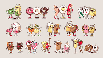 Groovy cartoon food and drink characters friends set. Funny retro food personages for breakfast, lunch or dinner. Friendship of meals mascot, cartoon stickers of 70s 80s style vector illustration