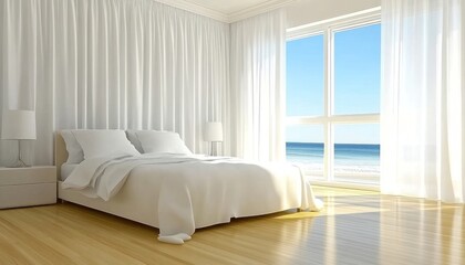 Fototapeta premium White Bedroom With Ocean View And Sheer Curtains