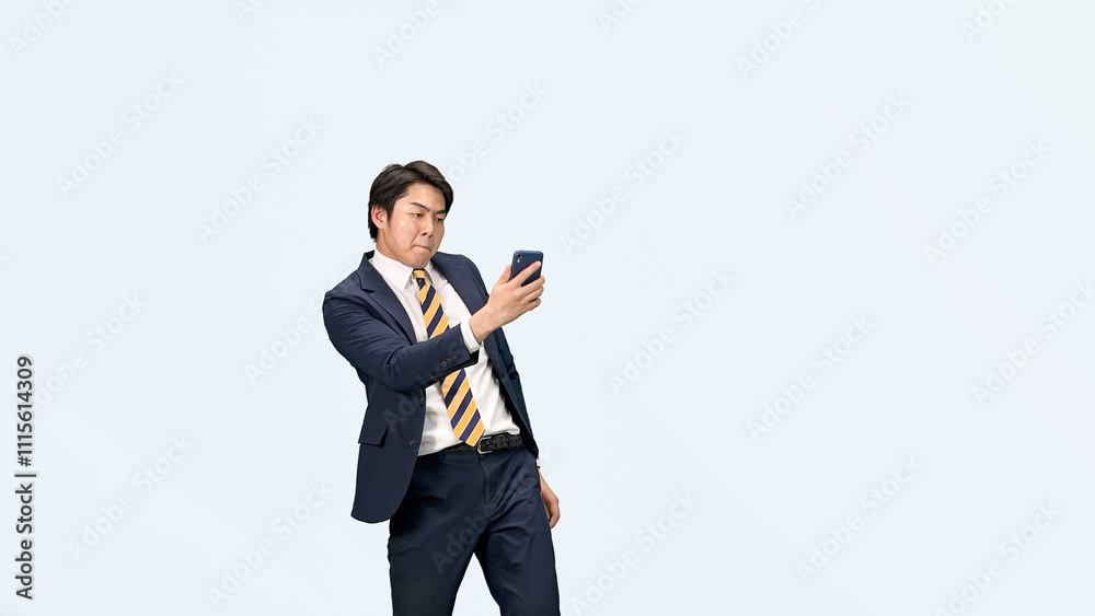 Leinwandbilder スマホ、ビジネスマン、通話、スマートフォン、ビジネス、男性、ビジネスパーソン、アプリ、ダンス、ダンサー、踊る、SNS、メール、キャンペーン、セール、ポイント、クーポン、仕事、DX、サラリーマン、日本人、会社員、スーツ、歩く、働く、営業、セールスマン、人材、振り付け、リズム、切り抜き、コピースペース、元気、アクティブ、アクション、忙しい、連絡、操作、ツール、デジタルトランスフォーメーション、企業、電
