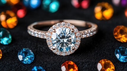 Fototapeta premium Elegant Rose Gold Engagement Ring Surrounded by Colorful Gemstones on a Black Velvet Background Capturing a Luxurious and Romantic Atmosphere