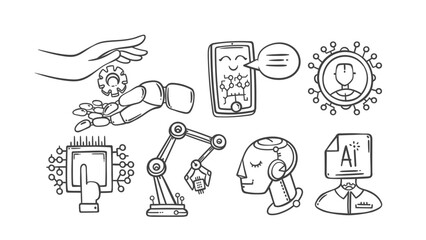Fototapeta premium Smart chat bot, human and AI interaction line icons set. Outline hand drawn robots arm and head, chatbot profile with circuit. Artificial intelligence mascots, AI icon collection vector illustration