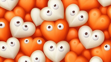 Playful heart-shaped characters with eyes create a whimsical and lively pattern, AI