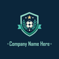 Fototapeta premium Shield soccer ball laurel stars ribbon dark blueteal minimalist