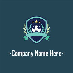 Obraz premium Shield soccer ball laurel stars ribbon dark blueteal minimalist