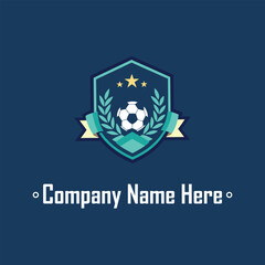 Shield soccer ball laurel stars ribbon dark blueteal minimalist