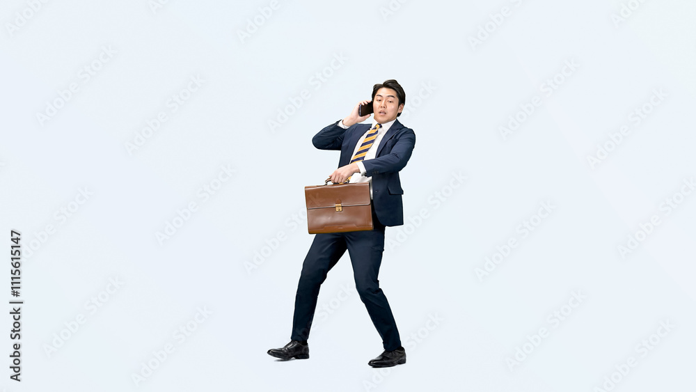 Fototapete スマホ、スマートフォン、ビジネスマン、通話、ビジネス、男性、歩く、ダンス、ダンサー、パントマイム、ビジネスパーソン、全身、サラリーマン、日本人、会社員、スーツ、踊る、ステップ、仕事、働く、営業、セールスマン、人材、振り付け、リズム、クロマキー、切り抜き、コピースペース、転職、元気、アクティブ、アクション、忙しい、連絡、操作、アプリ、DX、ツール、デジタルトランスフォーメーション、トーク、音楽、ミュ