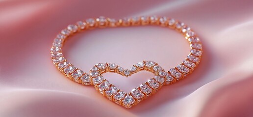 Fototapeta premium A sparkling heart-shaped bracelet on a soft, pink fabric background.
