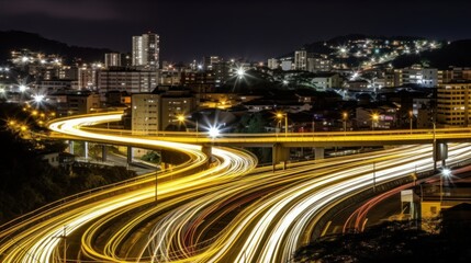 Fototapeta premium A night cityscape showcasing illuminated highways and buildings.