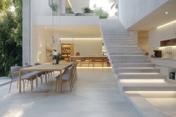 Modern Minimalist Home Interior Design Featuring Sleek Staircase and Dining Area