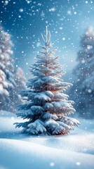 Winter background, christmas tree in the middle of a snowy forest. vertical 9:16