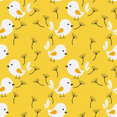 Seamless Repeat Pattern Cute Bird Illustration Cartoon Flower Garden Yellow Background