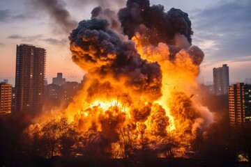 Obraz premium Devastating explosion in central kyiv leaves half of the city in ruins and widespread destruction