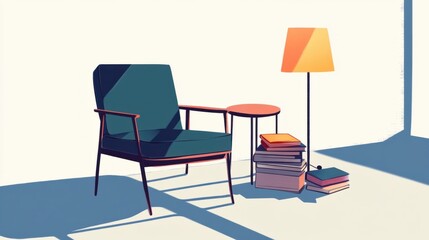 Fototapeta premium A minimalist illustration of a chair, a small table, and a glowing lamp with books stacked nearby, isolated on white