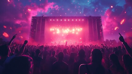 Fototapeta premium A vibrant music festival and concert with an enthusiastic crowd cheering, shouting, and expressing their excitement and joy. The atmosphere is filled with energy, as fans celebrate live performances a